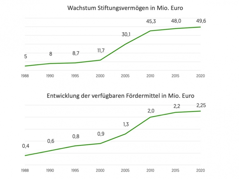 Haniel Stiftung: Entwicklung von Stiftungsvermögen und Fördermitteln 1988-2020